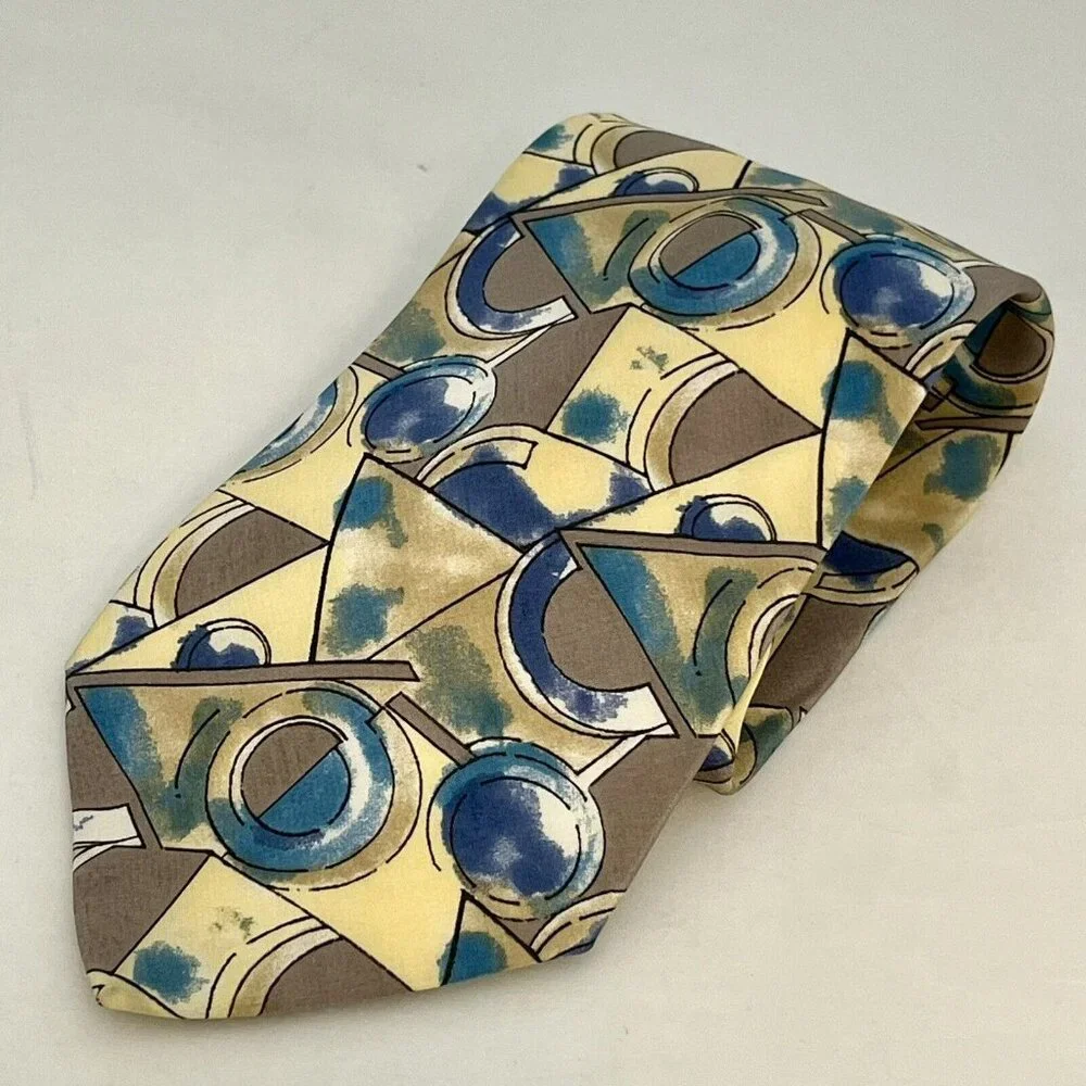 Vintage PACC Made In Italy Blue Yellow Abstract Silk Tie Watercolor Style